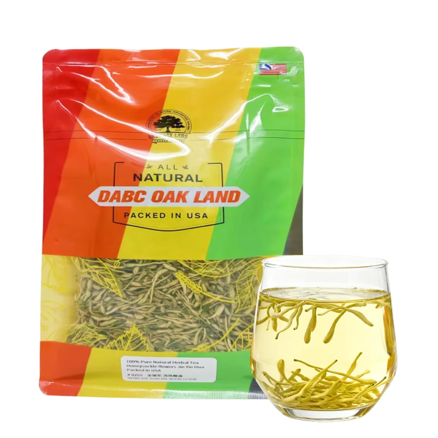 DABC OAK LAND 16OZ Premium Dried Honeysuckle Tea Jin Yin Hua Honeysuckle Flowers Buds Wild Lonicera Japonica Chinese Traditional Loose Herbal Tea Caffeine Free - Refreshing & Clean Taste 金银花 1LB/Bag