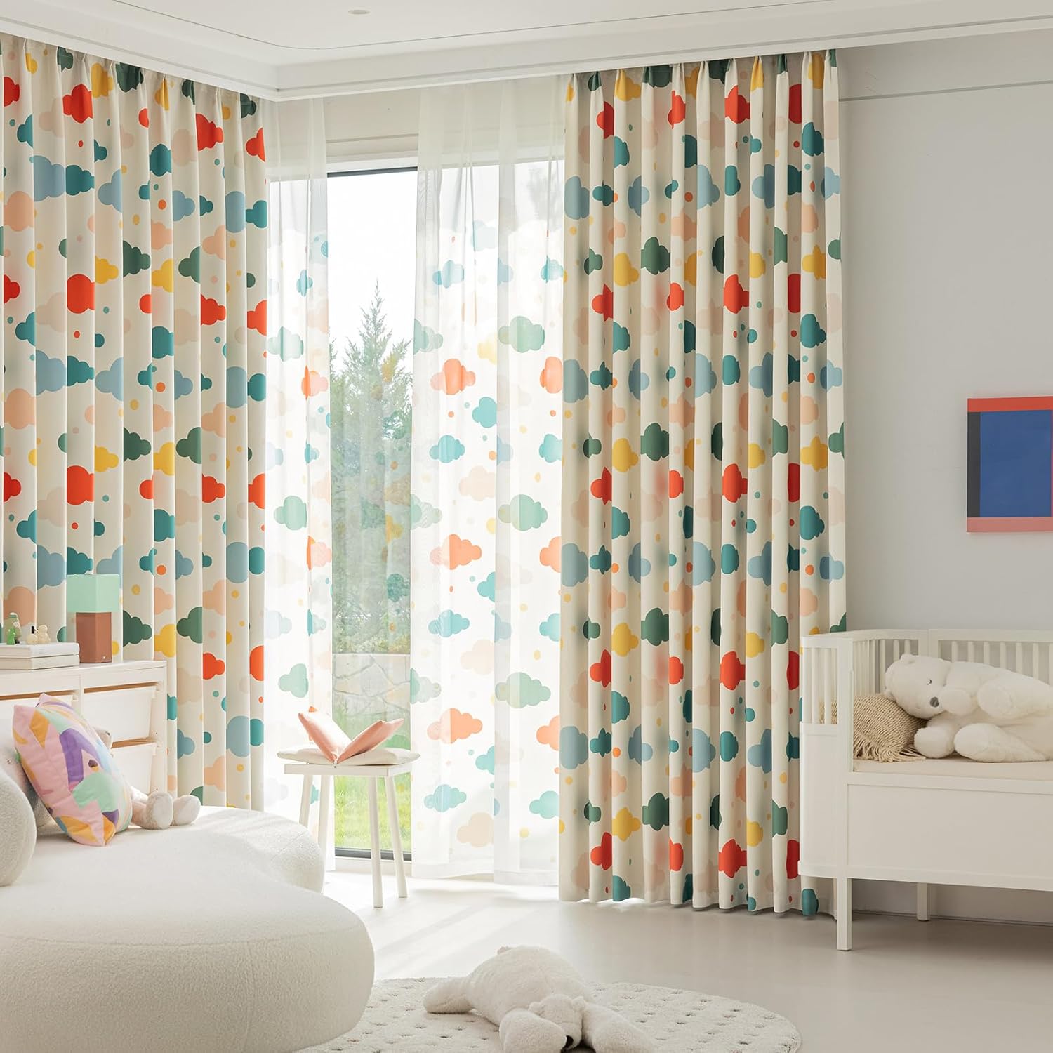 ENJOYBRIDAL Colorful Cloud Curtains 96 Inches Long Bedroom Decor Drapes Semi Blackout Room Darkening Grommet 2 Panel Sets Window Curtains Kids Cute Nursery Girly Window Treatments