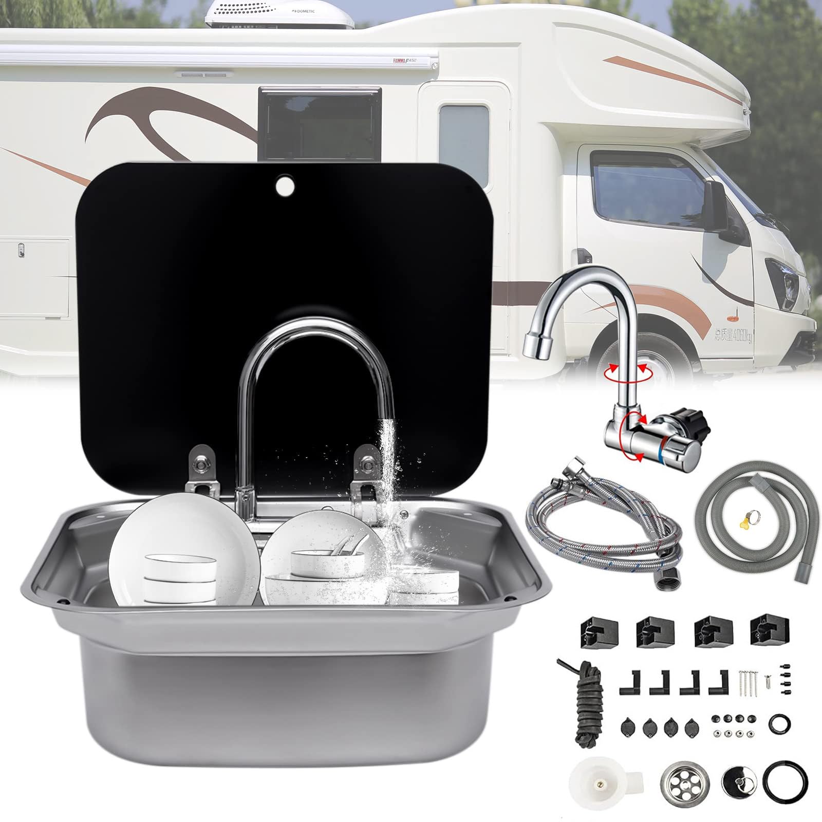 Évier de camping haut de gamme en inox avec couvercle verre rabattable et mitigeur
