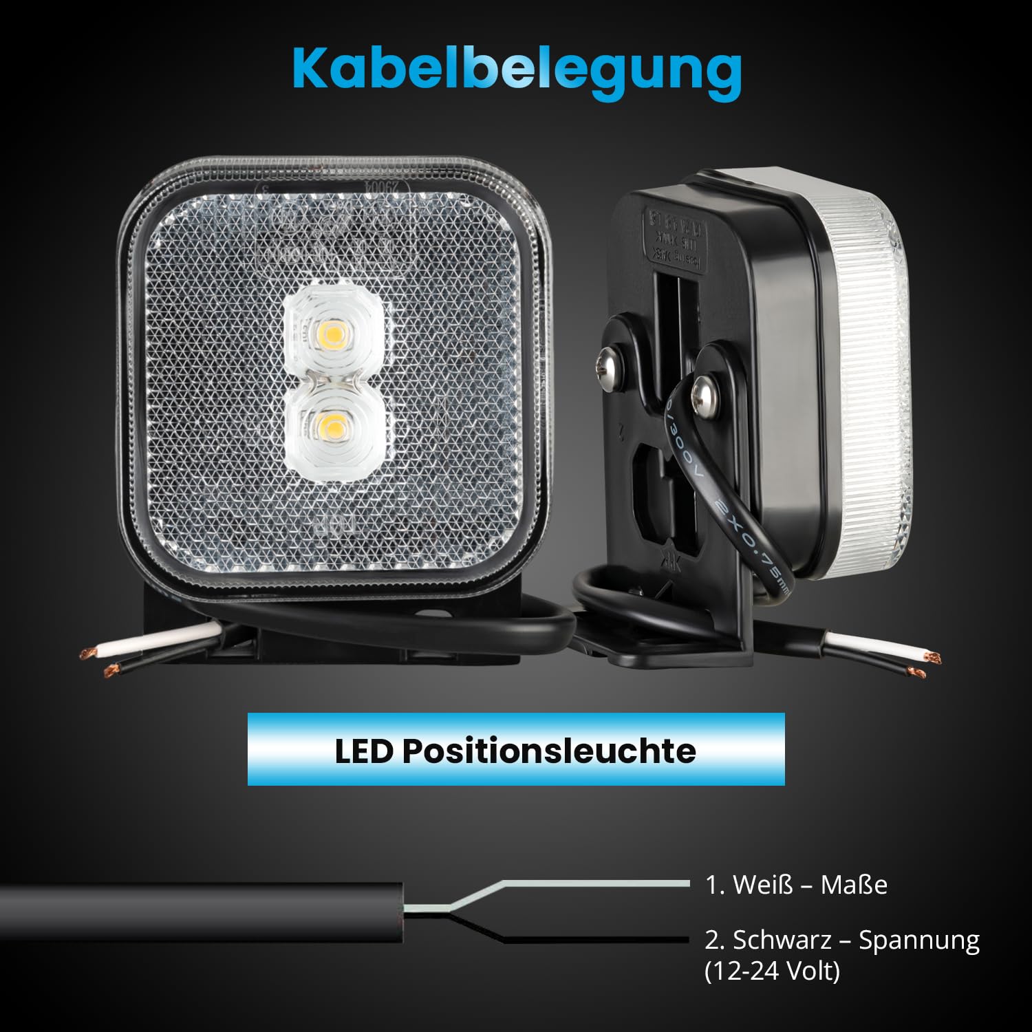 Lot de 2 feux de gabarit LED 12-24 V 65 x 65 mm avec support et réflecteur blanc Feu de position Feu de gabarit pour camion, voiture, remorque, caravane
