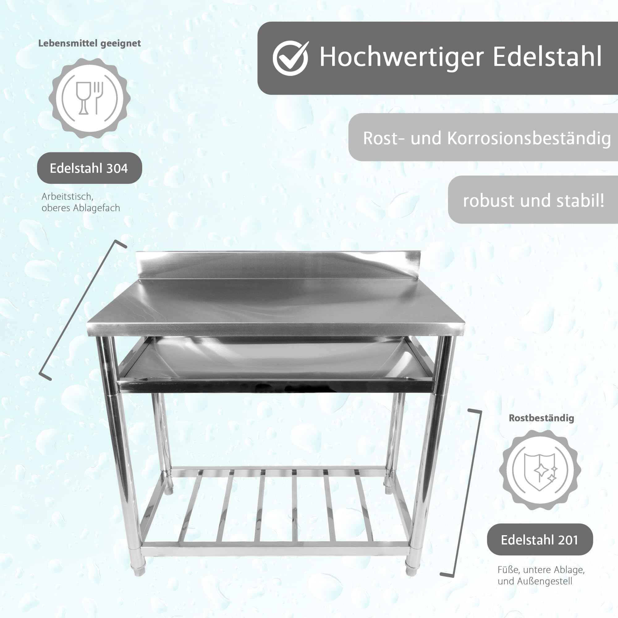 Edelstahl Arbeitstisch Küche Mit 2 Ebenen, 60x45x80 Cm, Höhenverstellbar, Bis 400 Kg Belastbar