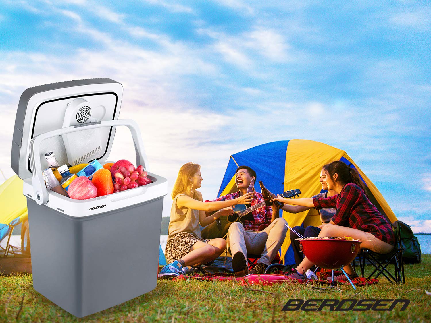 Berdsen Kühlbox Auto Camping Kühlschrank Für Auto LKW Boot Elektrisch Kühlung Bis 0°C Mit Wärmefunktion Bis 65°C 12V 230V Energiesparend 26L