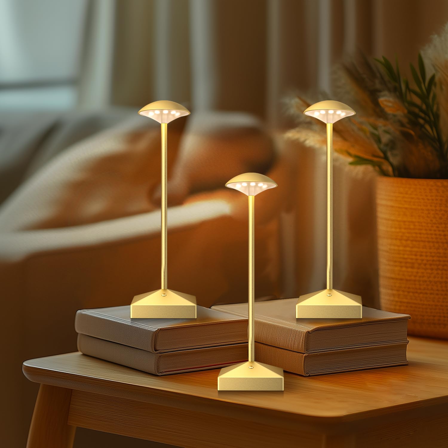 FUNTAPHANTA 3 Pack 8.26in Gold Small Cordless Table Lamps Rechargeable, Battery Operated Mini Lamp, Small Lamp Touch Portable Table Lights, LED Night Light for Bedside/Dining/Bar/Outdoor (Gold-B)