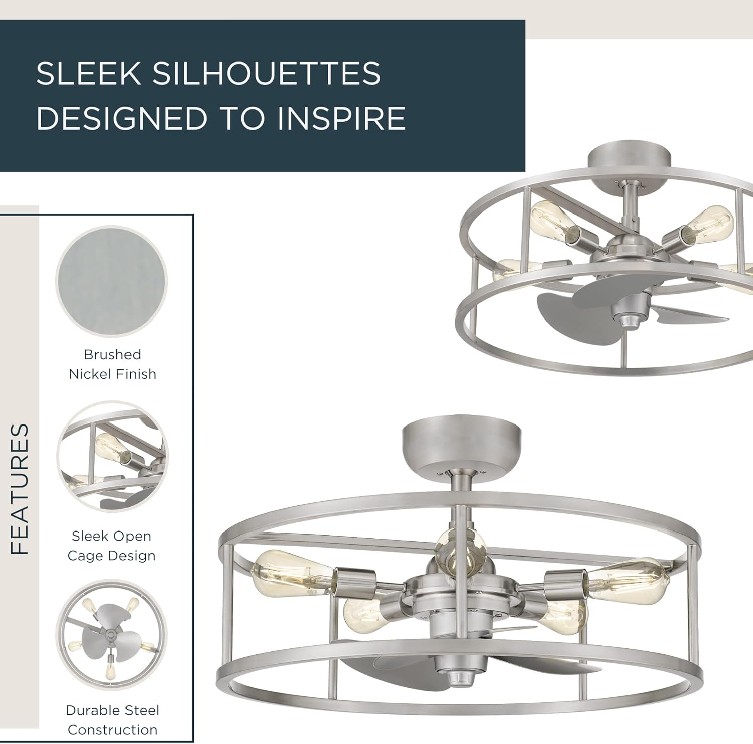 Quoizel New Harbor 5-Light Brushed Nickel Fandelier, Transitional Ceiling Fan with Light, Vintage-Inspired Open Cage Design Flush Mount Ceiling Light, Dimmable LED Bulbs, Remote Included