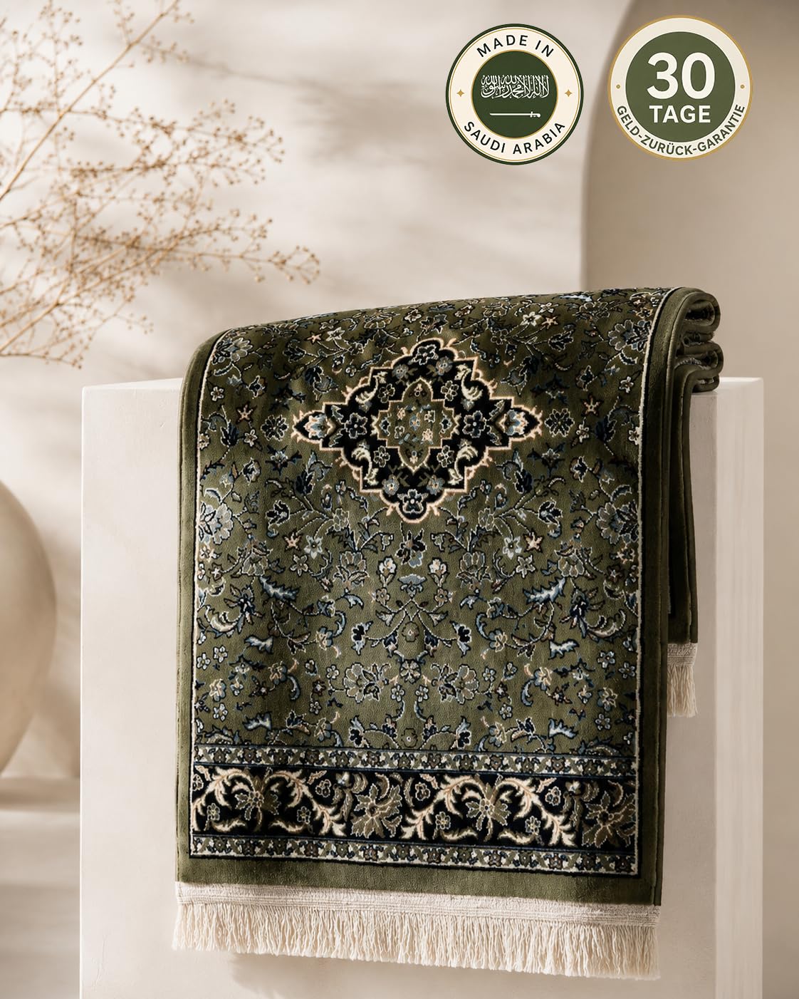 Medina Gebetsteppich mit Rawdah inspiriertem Design, Extra Weich und dick (8 mm)- 1 Mio. Knoten/m² -komfortabel für Gebet, Zuhause & Geschenk