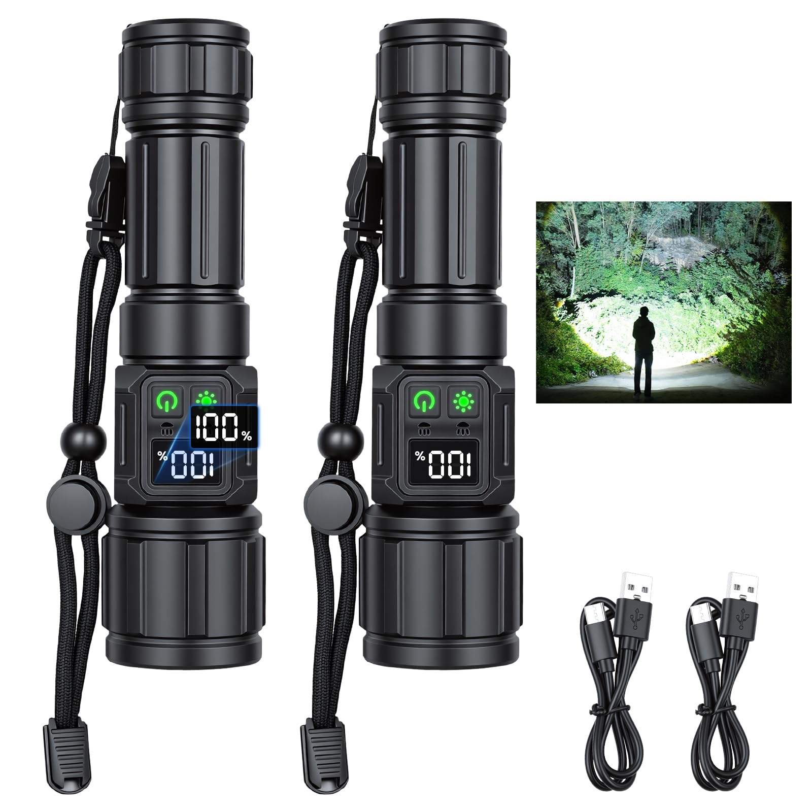ELUTENG 2 Pack USB-C Rechargeable Flashlights 3000mAh 26650 Battery Waterproof Camping Lantern with LCD Display Dual COB Side Light Zoomable Tactical Light Magnetic Tail for Home/Camping-image-39