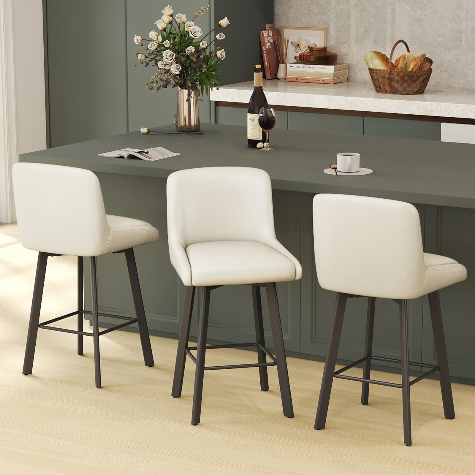 SAECKBERG Swivel Bar Stools, 26''H Upholstered Barstools with Backs, Modern Counter Height Bar Stool Chairs for Kitchen Island, Metal Legs (Beige-