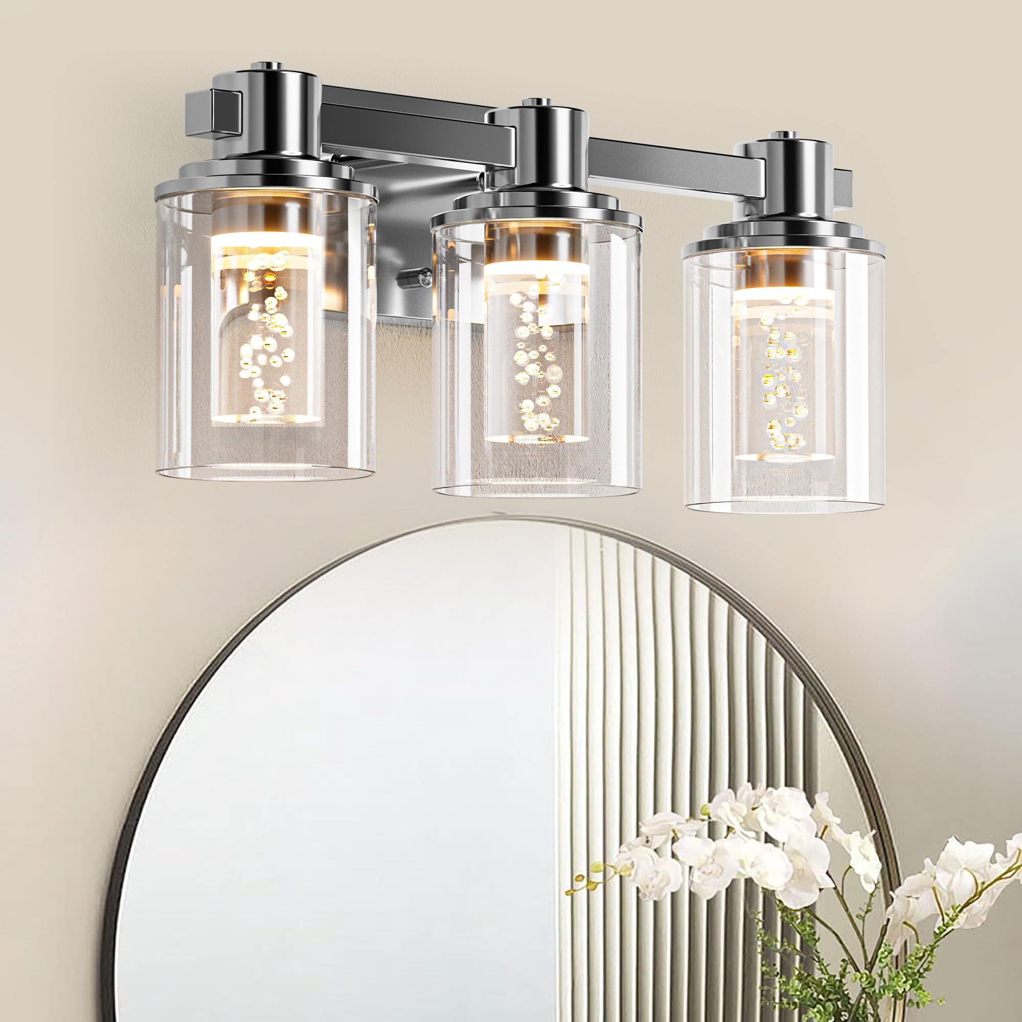 Quntis3-Light Chrome Bathroom Vanity Light with 5 Color Modes, Dimmable Modern Bathroom Lighting Fixture Over Mirror, 21 Watts Eye Protection LED Wall Lamp 16 Inch (UL Certified, Bulbs Included)