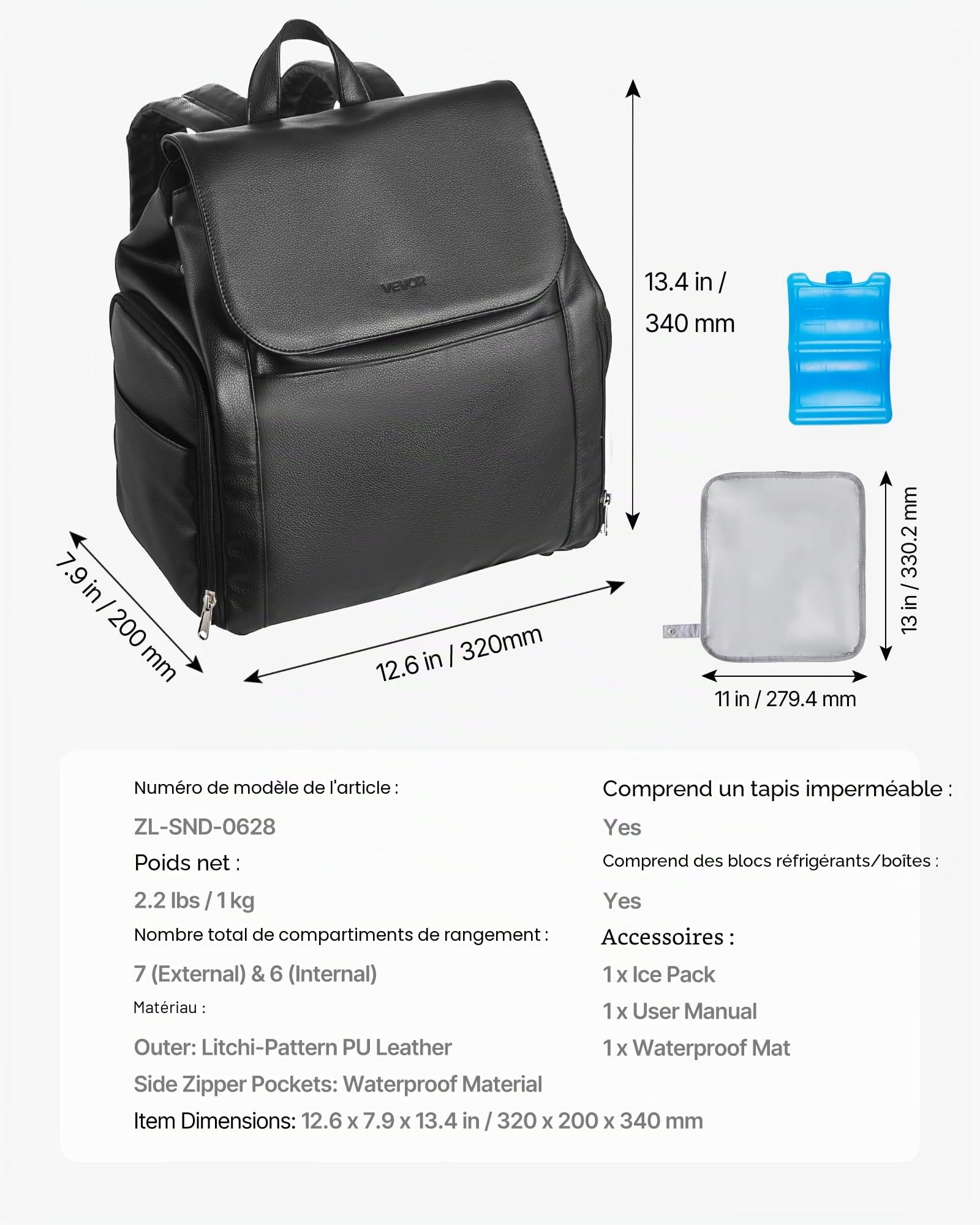 VEVOR Sac à Dos pour Tire-Lait S1/S2 Sac Isotherme Conservation Lait Maternel Portable avec Pain de Glace, Tapis Imperméable, Étui de Transport pour Stockage de Biberons Lait, Travail, Voyages, Noir