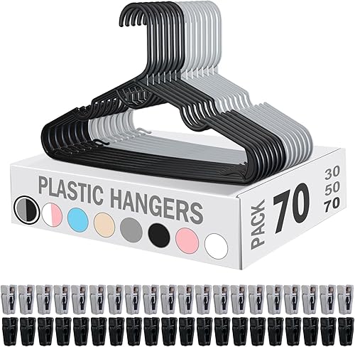 Miniatura 1 de Paquete de 70 perchas de plástico resistentes con clips para adultos de 16 pulgadas que ahorran espacio, organizador de ropa, perchas para armario,