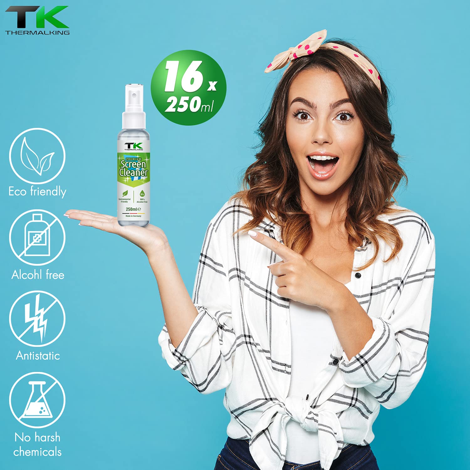 Bildschirmreiniger für Laptop - Display Reiniger für tft/tv/Monitor - Screen Cleaner Spray für LCD - Fernseher Reinigung (16x250 ml)