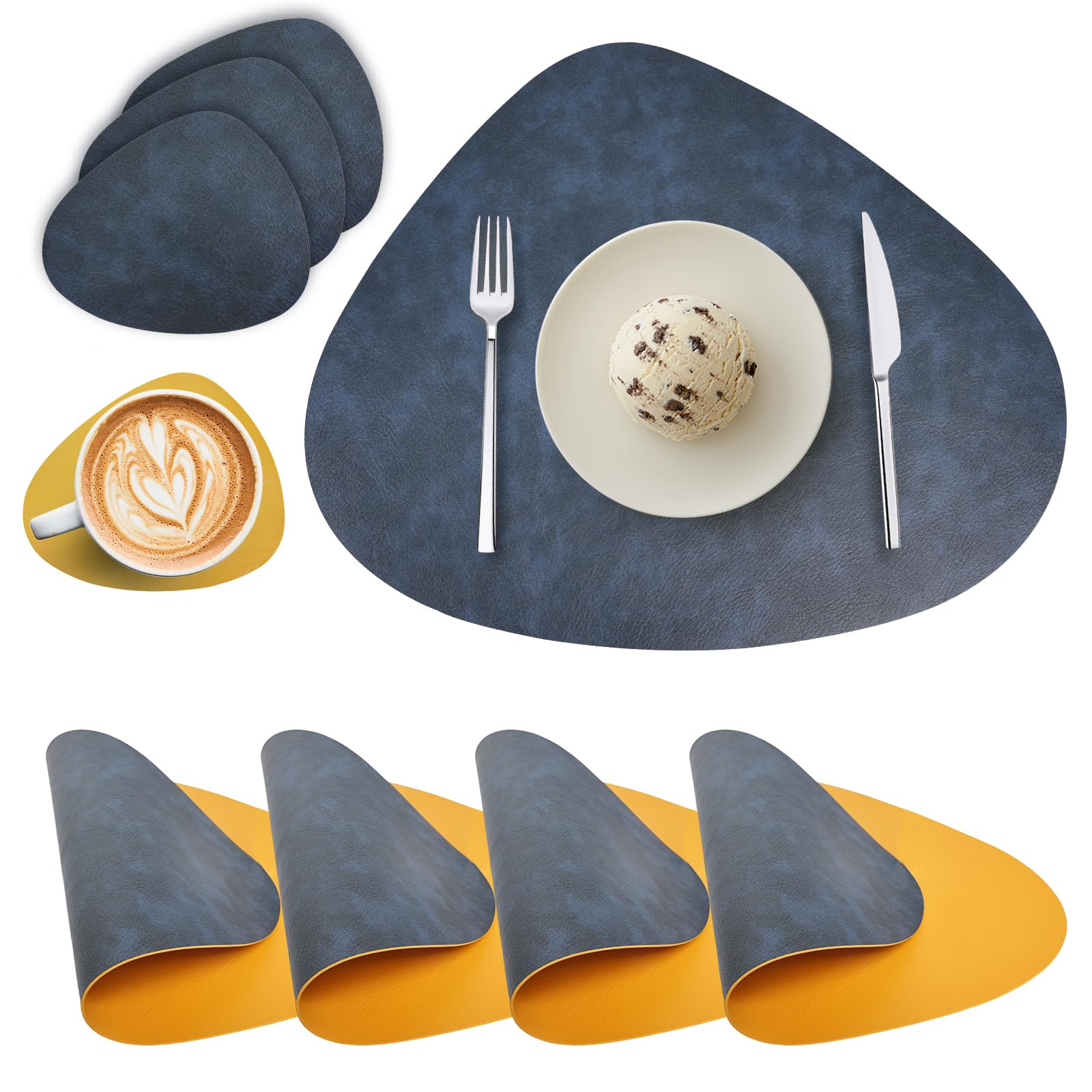 Tischsets Abwaschbar und Untersetzer, Tischsets Leder Platzsets Rund Doppelseitigen Abwischbar Hitzebeständig rutschfest Platzdeckchen Lederoptik 4er Set (Blau Gelb)
