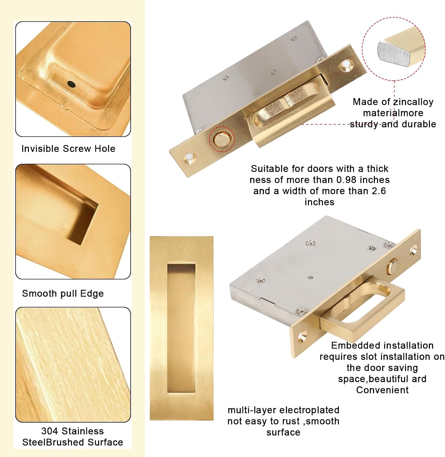 Pocket Door Hardware,Recessed Finger Flush Pulls with Edge Pull,Sliding Pocket Door Handles,Heavy Duty Edge Pull with Pop Out Ring Pull (Gold, 6Inch)
