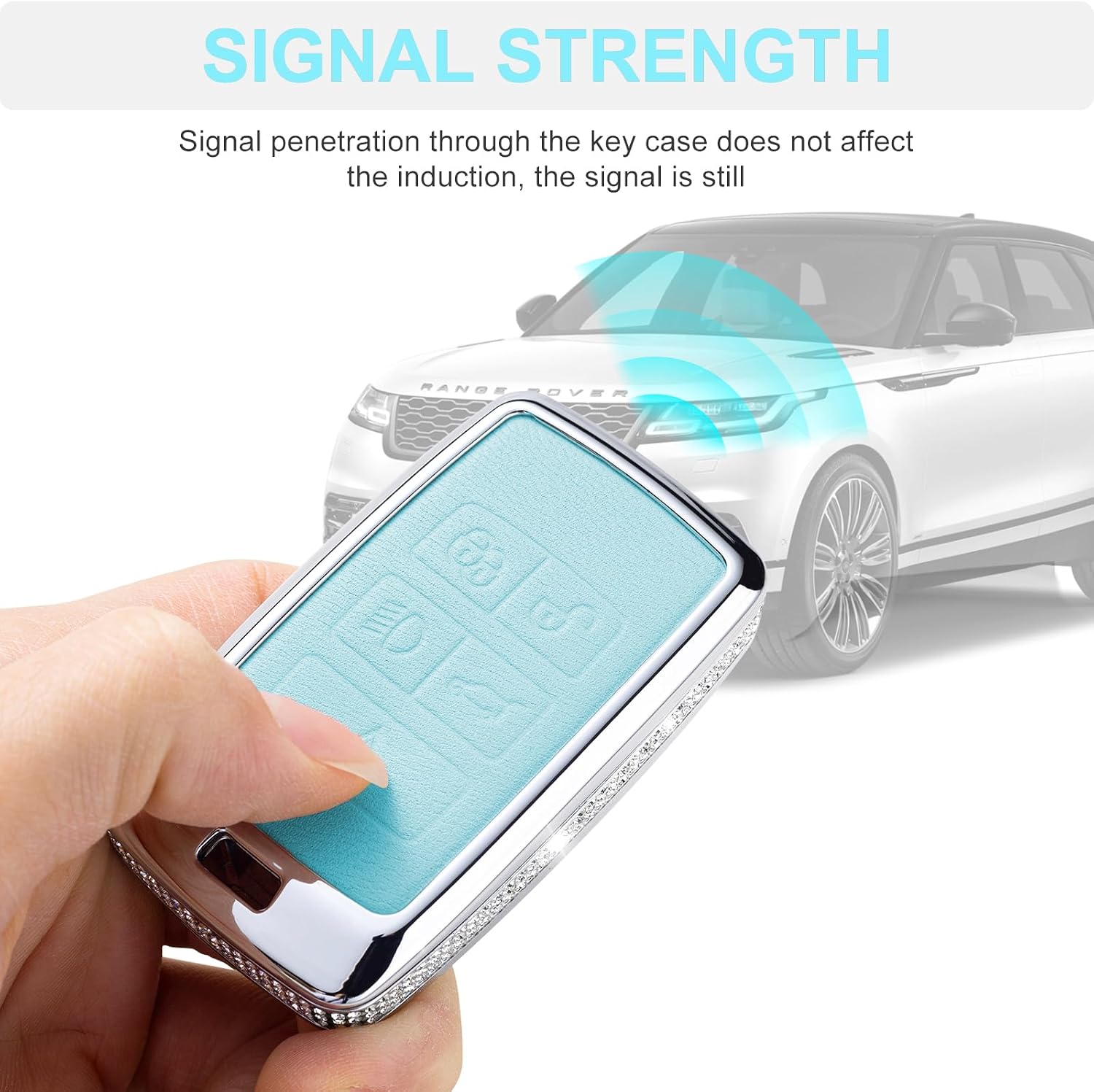 for Land Rover Key Fob Cover with Keychain, Blue Leather Rhinestone Key Case Protection Shell Compatible with Vogue Range Discovery Rover Sport Bling Car Accessories image 5