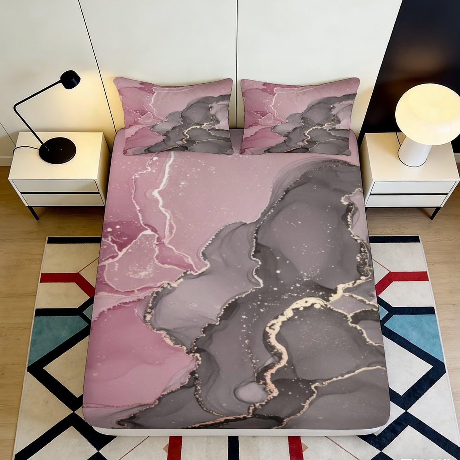 3D Printed Pink Gray Marble Fitted Sheet Microfiber Soft Breathable Abstract Pattern Bed Sheet for Bedroom Dormitory Guest Room Mattress Protection 180x200x25cm