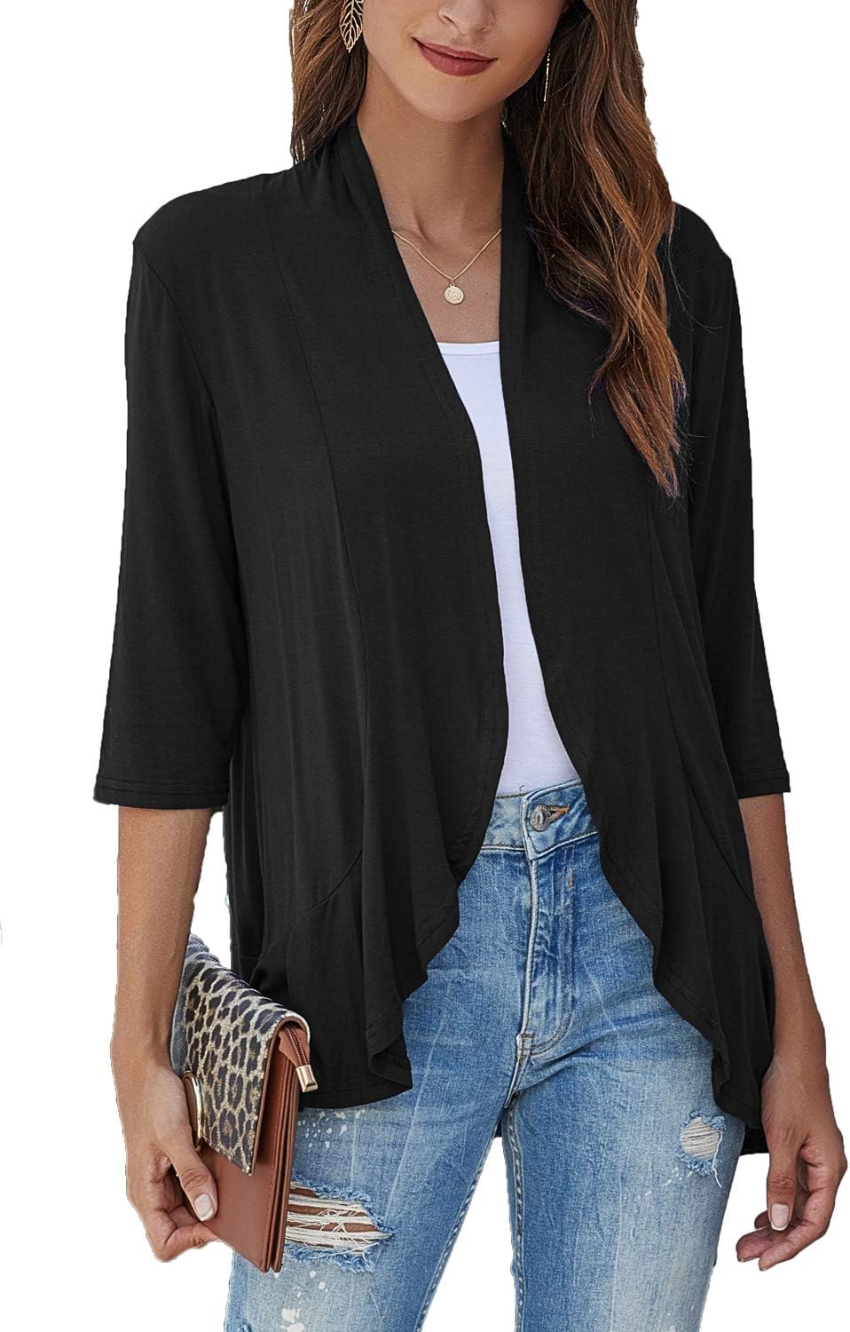 BluetimeWomen's Casual Lightweight Open Front Cardigans Soft Draped Ruffles 3/4 Sleeve Cardigan (S-3XL)