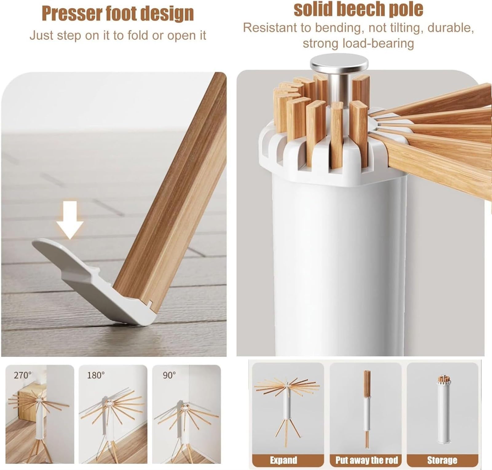FAXIOAWA Tendedero Plegable para Secado De Ropa, Ahorro De Espacio Portátil, Alta Capacidad Ajustable, 16 Postes, Tendedero De Madera para Secado, Soporte para Suelo