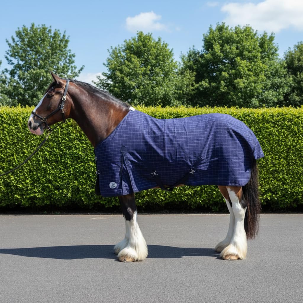 Ruggles Cotton Summer Sheet for Heavy Horse Breeds - Shire, Clydesdale, Percheron | Tail Flap | Ideal for Travel, Stable, Shows or Useful Under Rug (6' - 7' 6") (Navy Check, 7' 3")