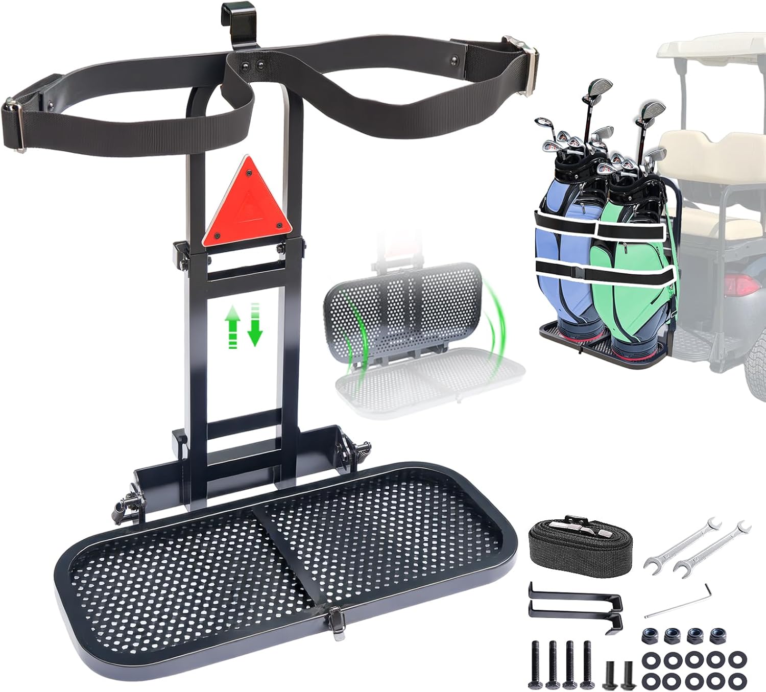 2-in-1 Foldable Metal Steel Golf Cart Rear Seat Bag Holder, Upgraded Stepboard Rack Attachment for EZGO Club Car Yamaha, Fits Normal 8'' Wide & 24.2" Widening Safety Grip Bar, No-Drill