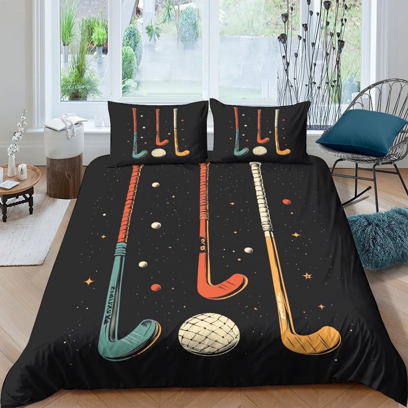 3D Super Soft Microfiber Field hockey sticks Comforter Cover All Season Bedding Set with Pillow Shams Vintage sport illust Quilt Cover Set Easy Care, Washable for Bedroom Decor Single（140x200cm）