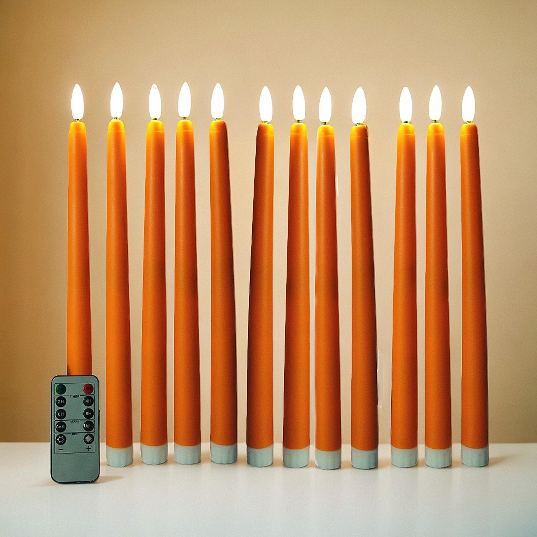 Orange Flameless Taper Candles with Remote, Fall LED Candlesticks Battery Operated Flickering Set of 12