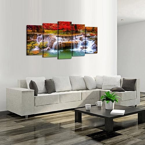 Miniatura 3 de KREATIVE ARTS Lienzo impreso para decoración de sala de estar, estirado, 5 paneles, pintura de cascada verde de ensueño, arte de pared, impresión