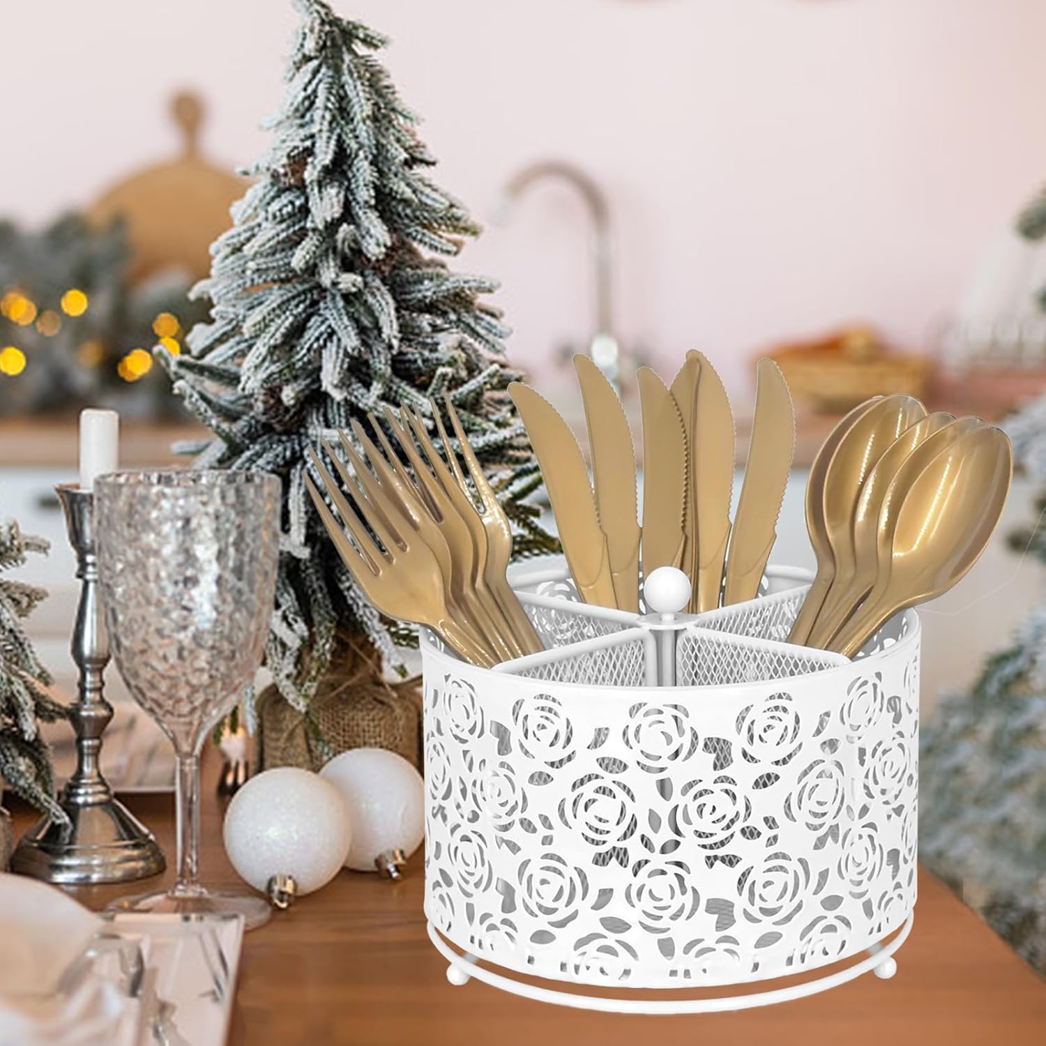 DysanVica 360° Rotating Metal Silverware Caddy - 4 Compartment Utensil Cutlery Holder Fork Spoon Napkin Organizer Flatware Storage Basket Party Countertop Buffet Picnic Camping Outdoor (White)