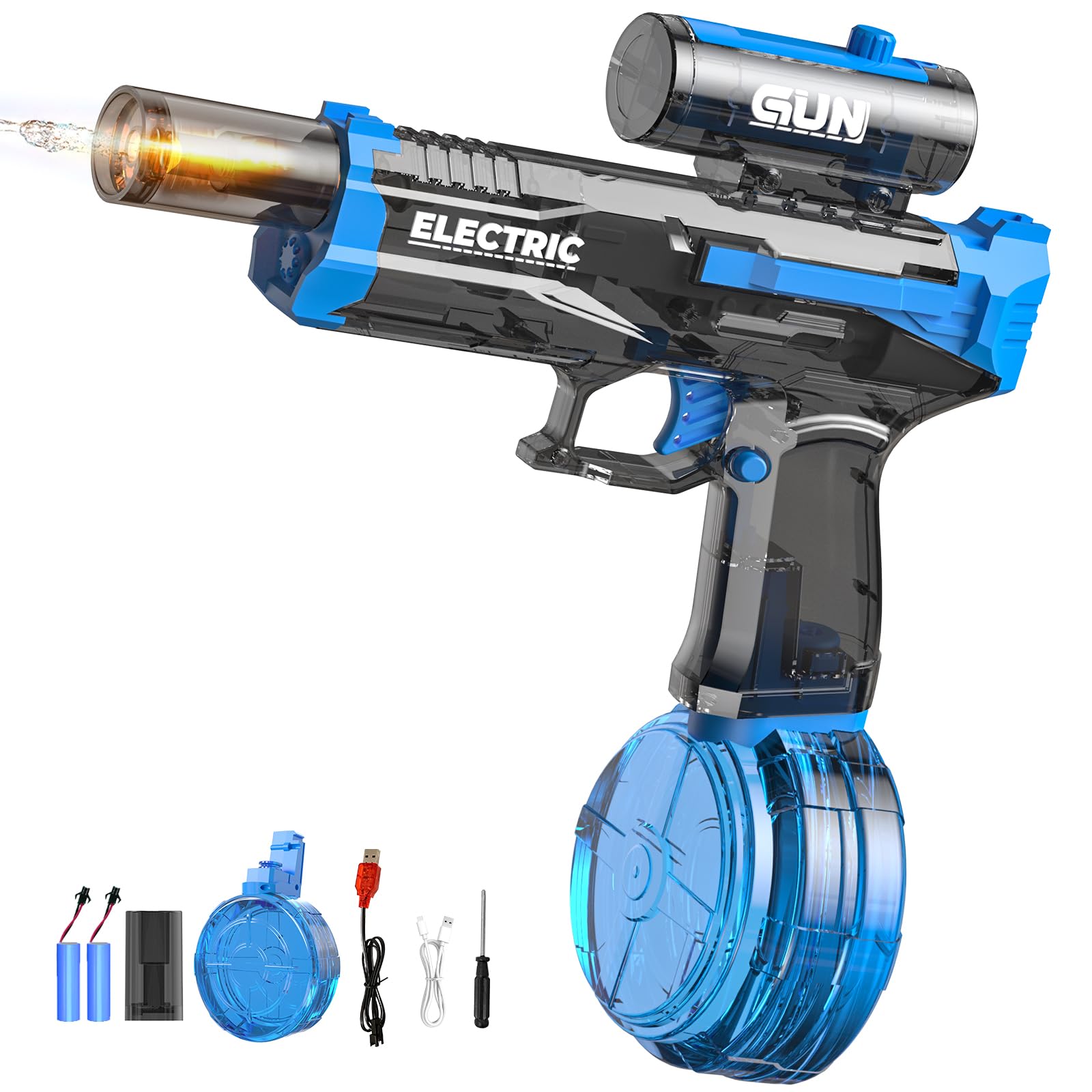 Electric Water Gun With Muzzle Light,Automatic Water Gun Blaster,Squirt Gun Range 23-32 FT,Outdoor Party Backyard Summer Water Shooting Game Toy With 2 Batteries,Ideal Watergun Gift for Kids & Adults.