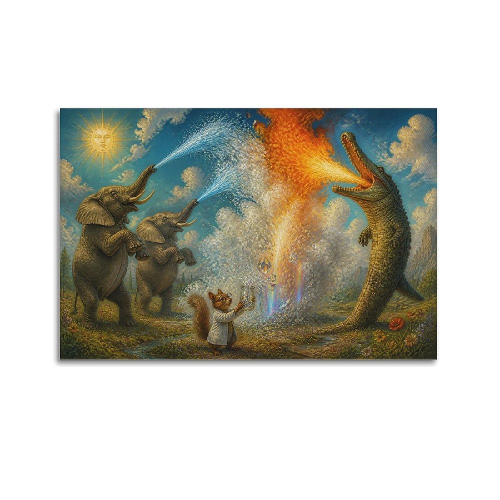 XKUGA Surreal Fantasy Animal Poster Elephants Crocodile Rainbow Battle Modern Decorative Canvas Prints - Ideal Wall Art for Family, Man Cave, Game Room, Boys & Girls Bedroom 20x30inch(50x75cm)
