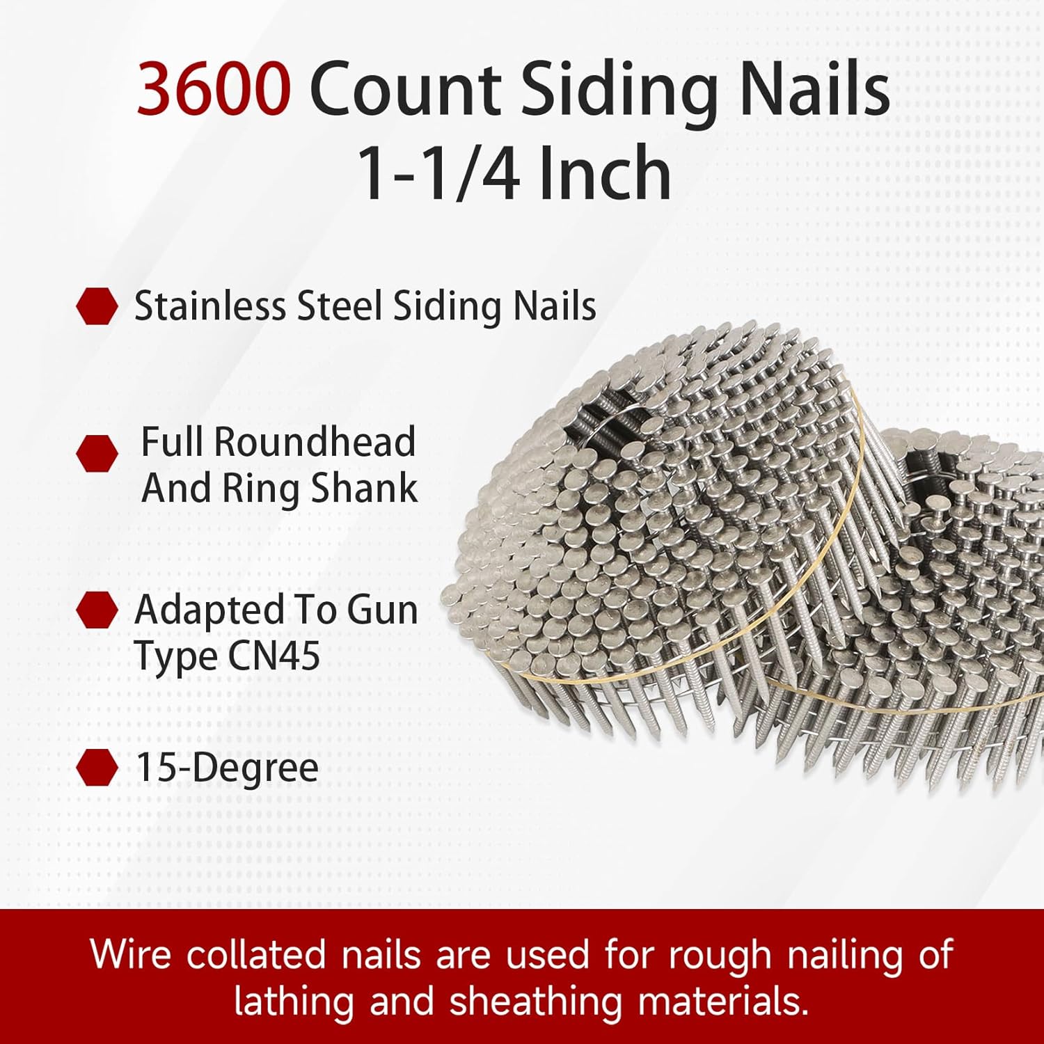 findmall 3600 Count 1-1/4-Inch x .090-Inch Ring Shank 304 Stainless Steel Siding Nails 15-Degree Collated Wire Coil