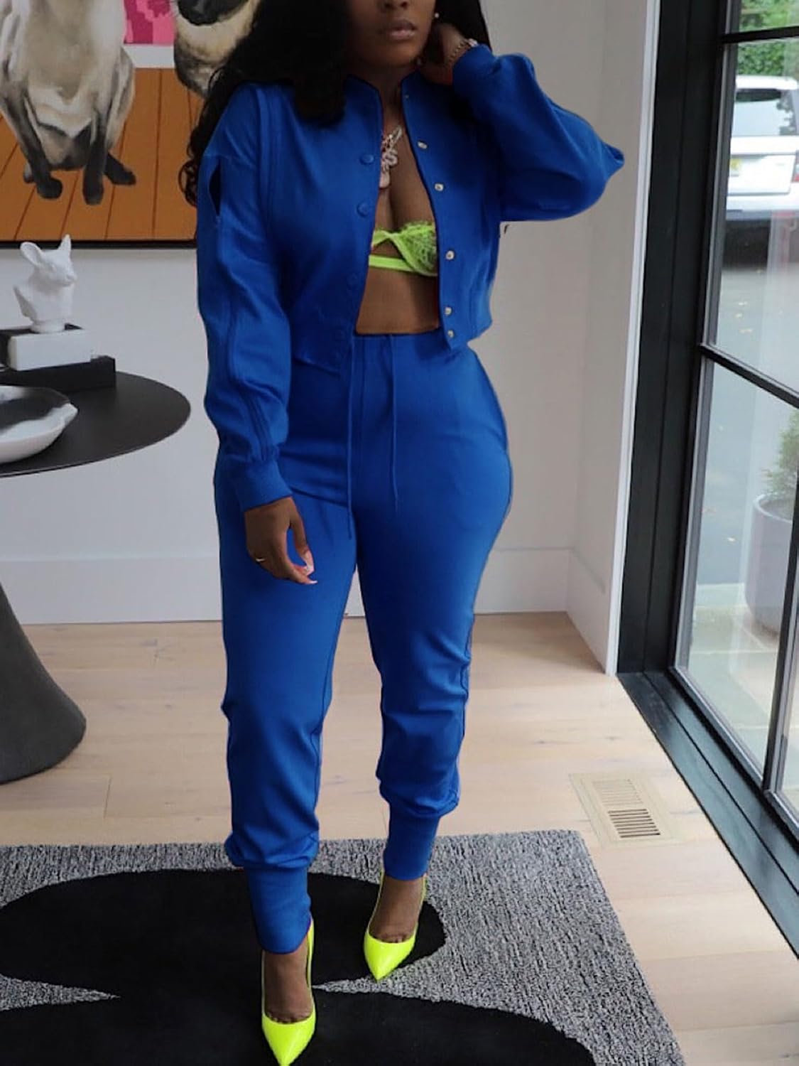 Akmipoem Sweatsuits for women Set 2 Piece Jogger Outfits Zipper Split Long Sleeve Button Down Crop Top and Pants Tracksuit - Image 4