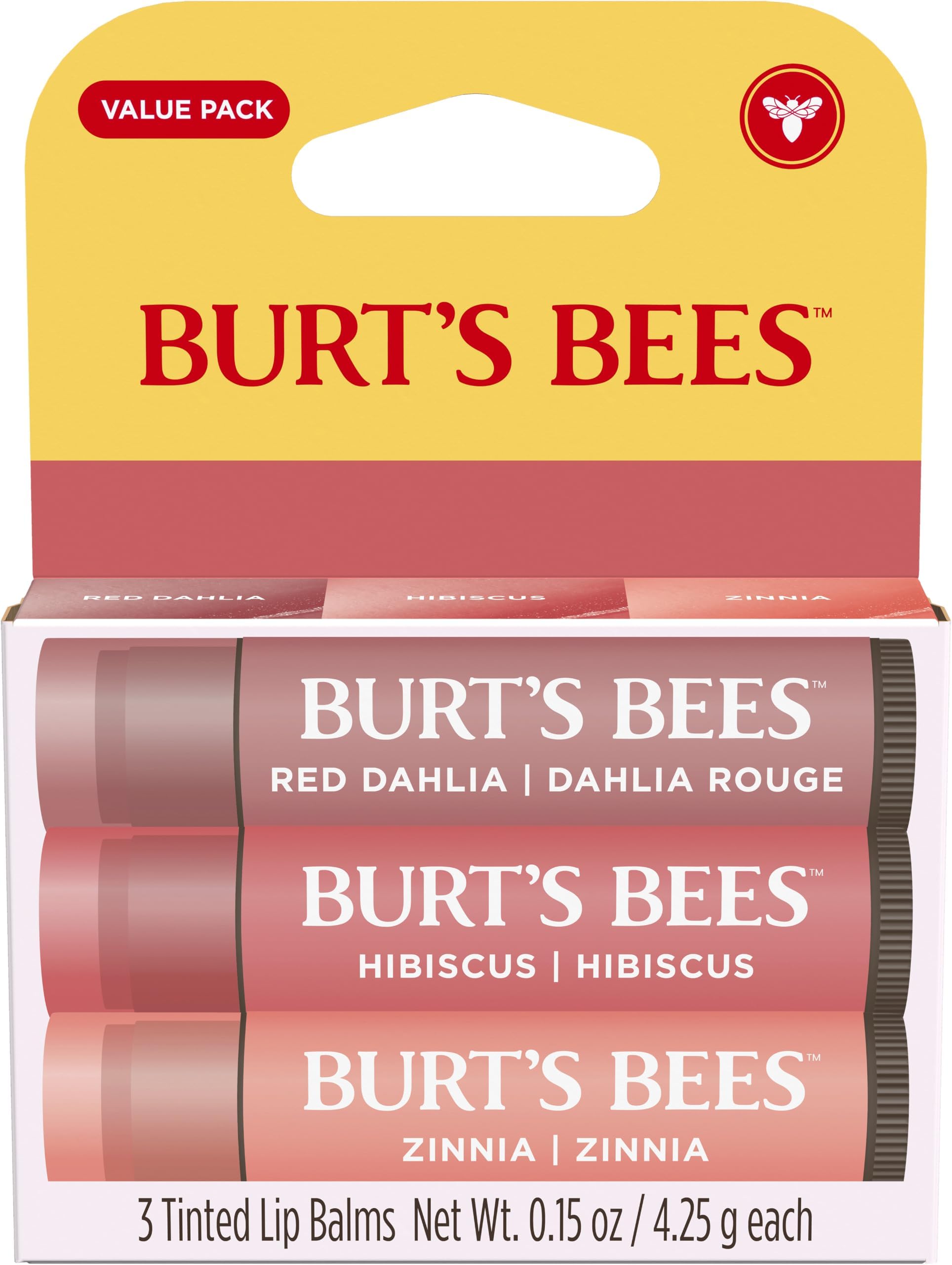 Burt's Bees ティントリップバーム; レッドダリア, ハイビスカスと百日草; 8時間水分; ほんのりの色; 栄養シアバター; 100%天然由来; チューブ3本; 3x0.15オンス(パッケージは異なる場合があります)