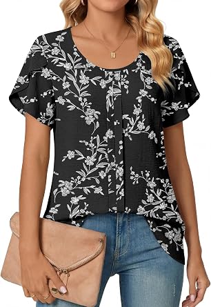 CATHY Womens Summer Tops Crewneck Petal Short Sleeve Shirts Casual Dressy Blouses