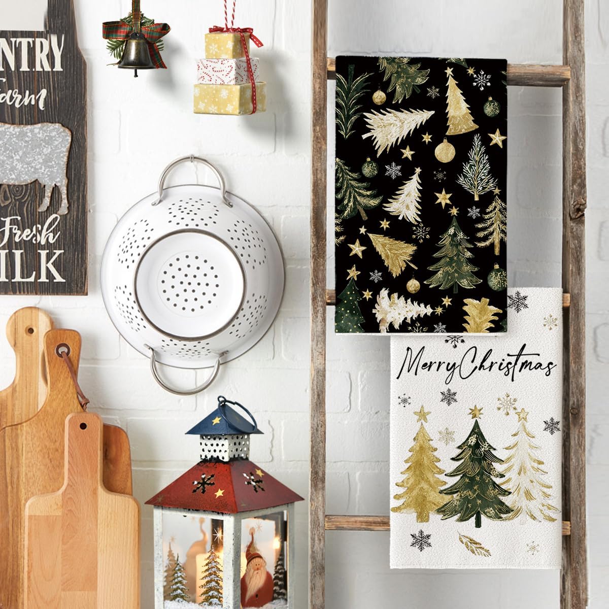 Artoid Mode Black Golden Xmas Tree Merry Christmas Kitchen Towels Dish Towels, 18x26 Inch Farmhouse Ornaments Winter Decoration Cleaning Set of 2 - Image 3