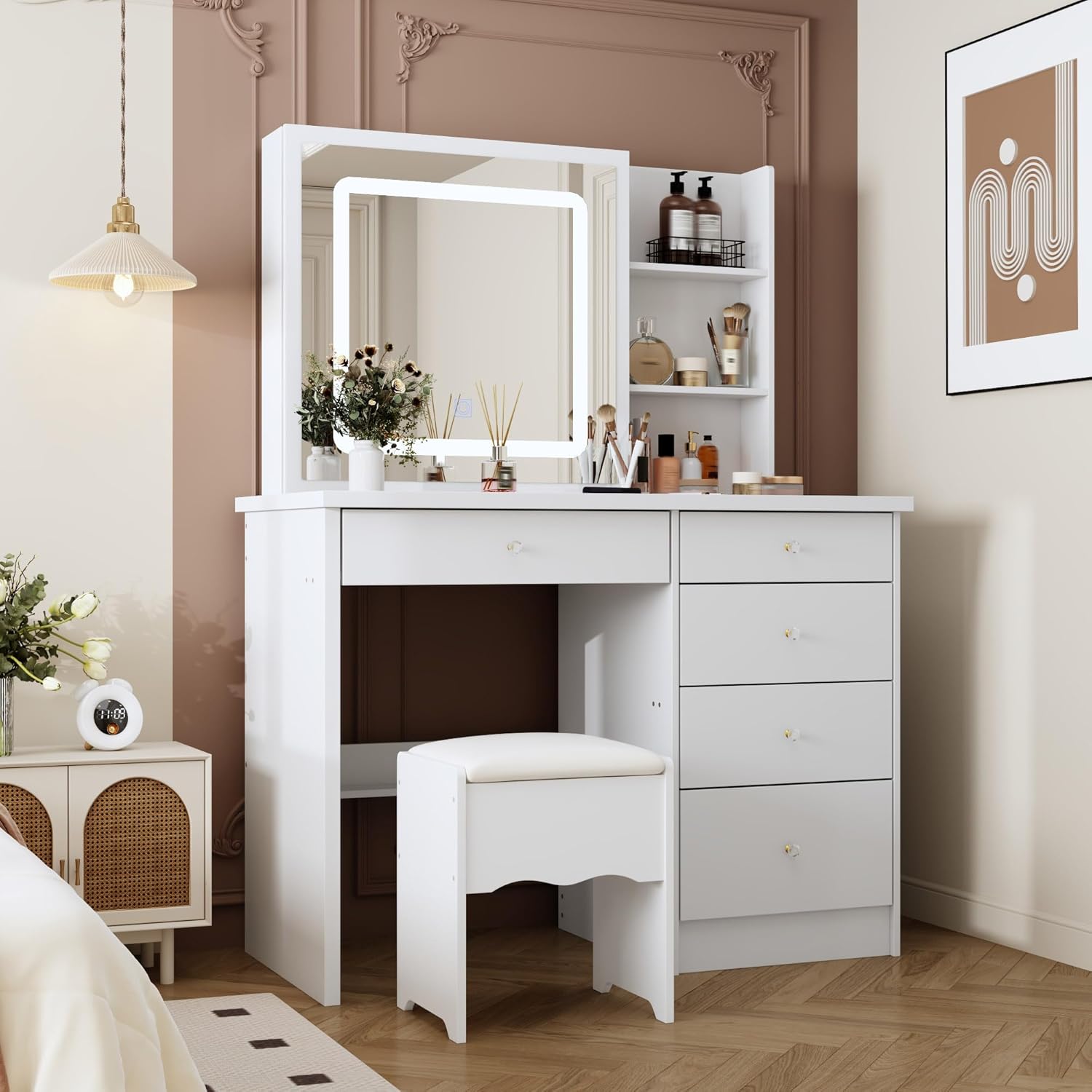 Timechee Vanity Mirror with Lights, Vanity with Chair, Make up Table Desk with Storage Drawers, Large Shelves, Stool and Sliding Mirror for Bedroom, Dressing Room, White