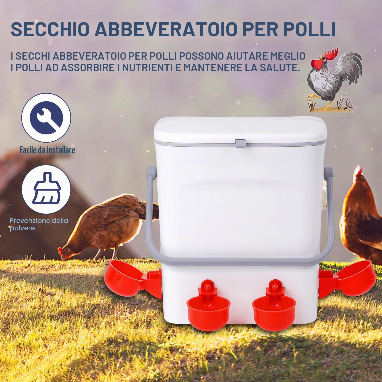 9L Abbeveratoio Per Galline con 4 Pezzi Bevitori Automatici Ciotole con 100cm Tubo Intrecciato Adatto per Pollame Uccelli Piccioni Polli Anatre per Essere Appesa nel Pollaio