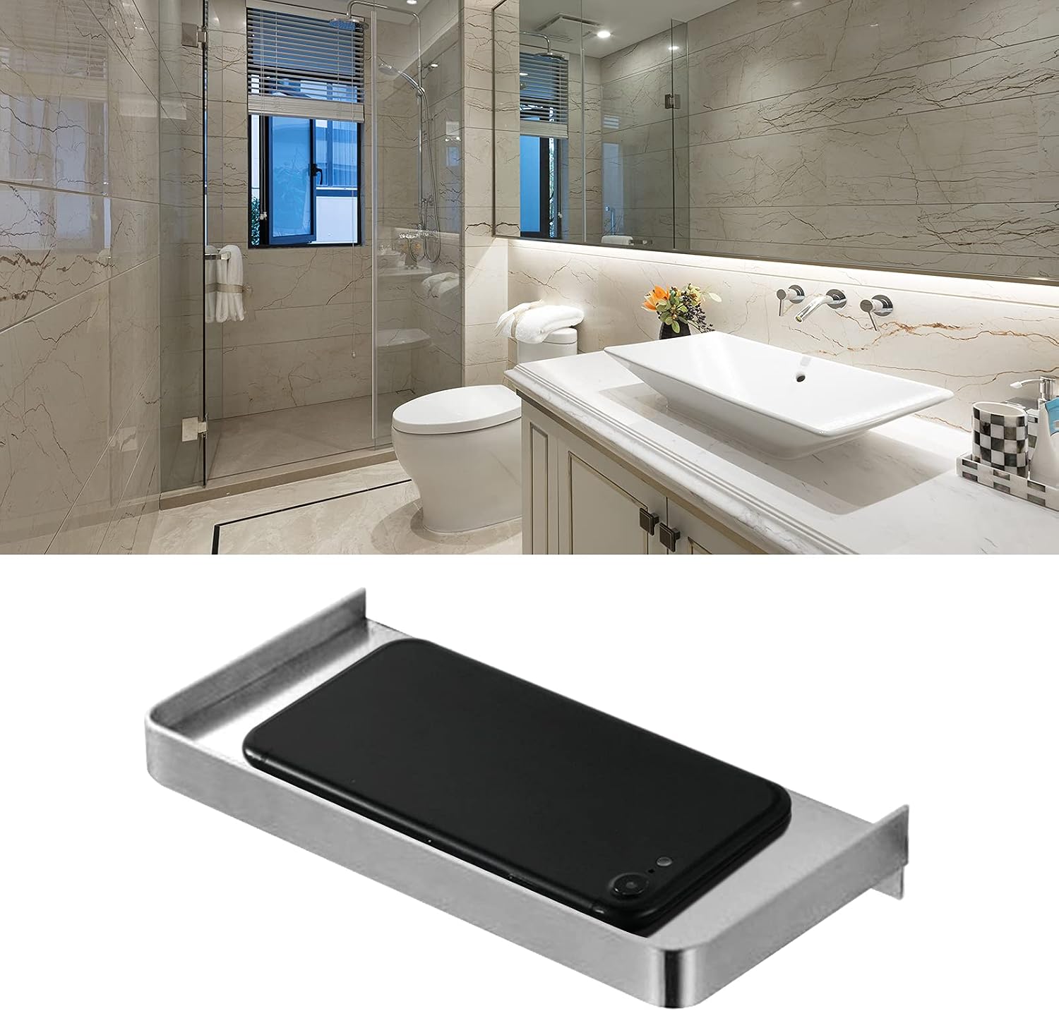 Bathroom Wall Mounted Phone Shelf, Stainless Steel Phone Holder with Raised Edges, Phone Storage Rack for Bathroom Toilet (Black)