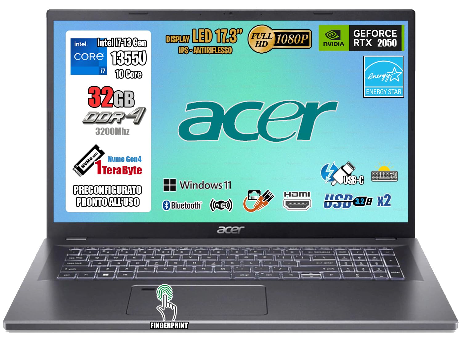 Acer Aspire 5 Pc Portatile 17,3", Notebook i7-1355u, RAM 32Gb, SSD 1Tb, Laptop con RTX 2050 (4Gb DDR6), FHD IPS 17.3", USB 3.2, Wi-Fi 6, Thunderbolt, FingerPrint, Win 11, Tastiera Retroilluminata
