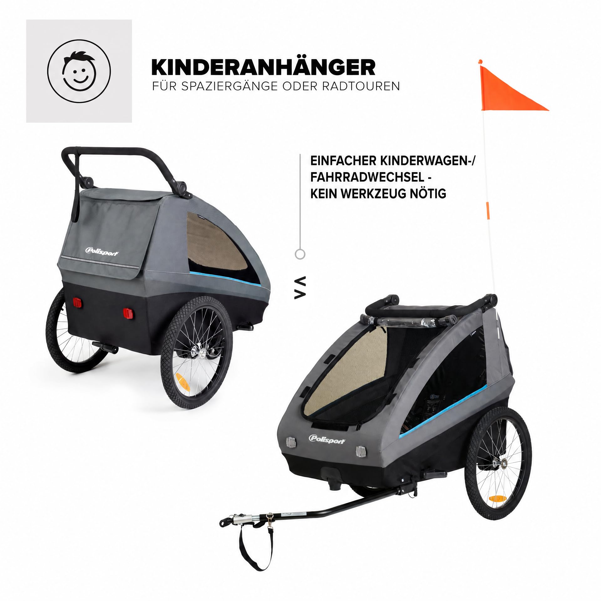 Polisport Kinderfahrradanhänger 2-in-1 mit Kinderwagen, Schwarz/Grau