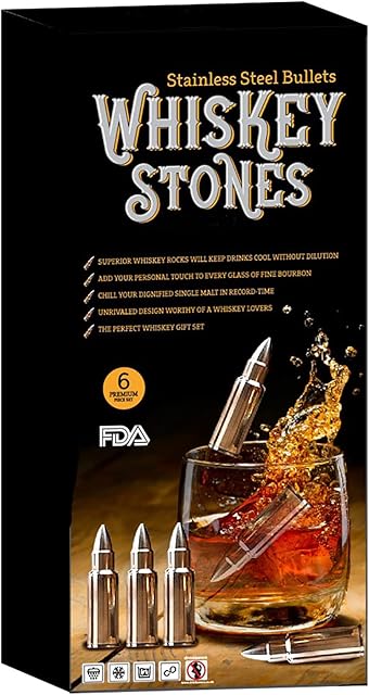 DIVCHI Whiskey Stone Bullets Gift Set of 6 - Silver Whiskey Ice Cubes Reusable - Whiskey Bullets Stainless Steel in Revolver Base - Chilling Whiskey Rocks Gift Set Gift Set