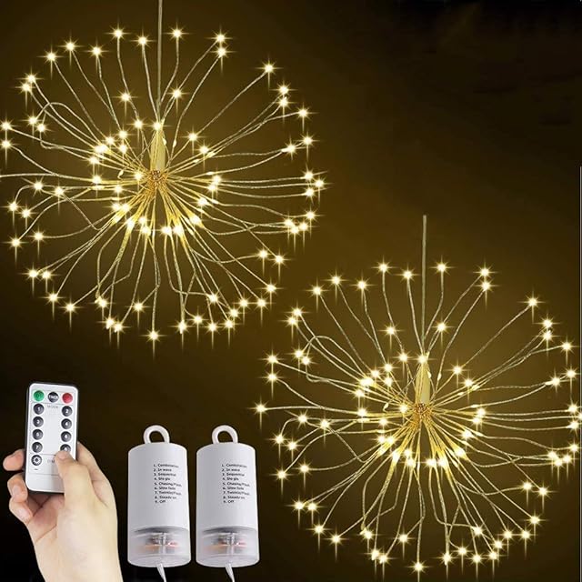 HELESIN Firework Lights x2, 120 LED Firework Fairy Lights Battery Operated, 8 Working Modes Fireworks Hanging Lights with Remote, LED Starburst Lights Fur Christmas Decorations Outdoor and Indoor