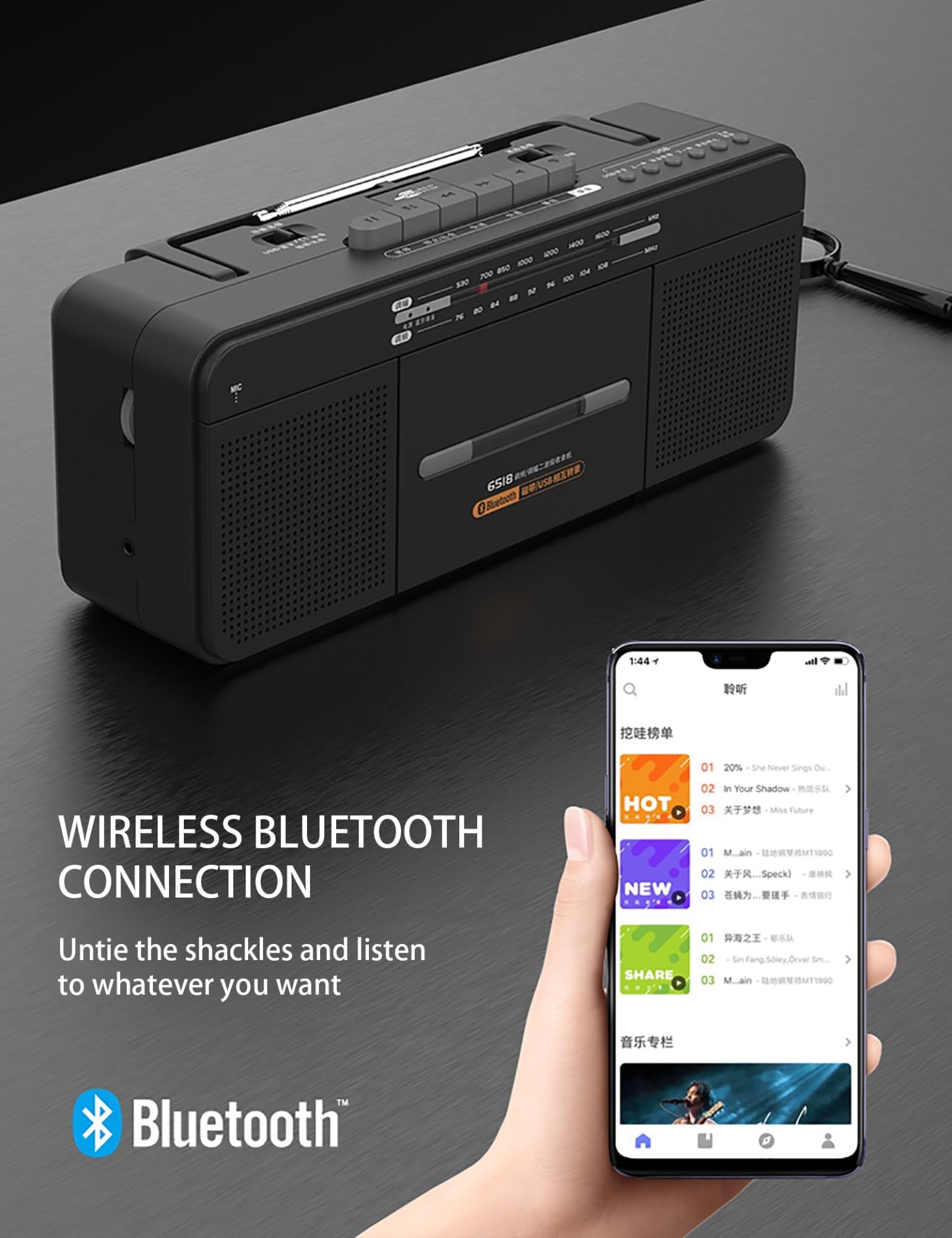 Lettore di cassette portatile con USB e radio AM/FM, Boombox retrò per uso domestico ed esterno