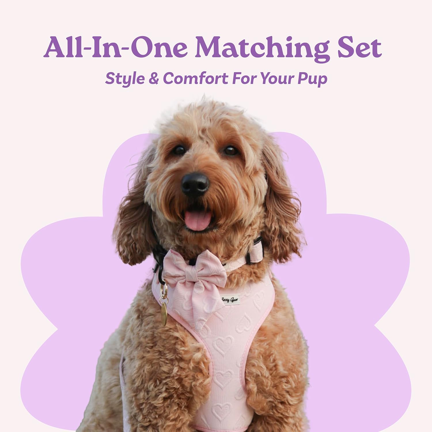 Small Dog Harness Set – Cute No Pull, All Weather, Breathable Harness and Leash Set with Collar, Bandana, Sailor Bow & Poop Bag Holder – Adjustable, Soft & Stylish - Pink Hearts on Jacquard Fabric