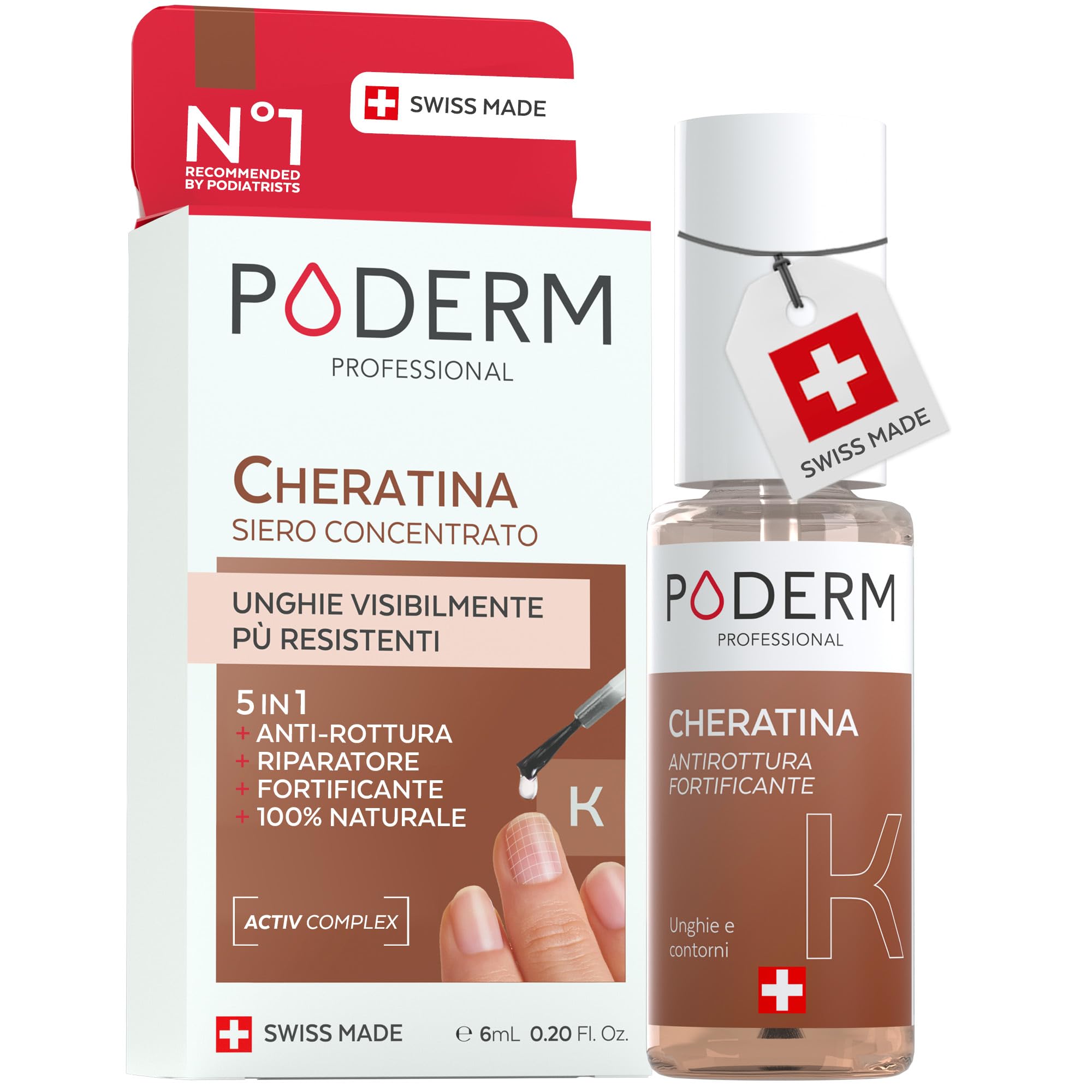 Poderm 5 in 1 Siero Booster Unghie - Cheratina | Trattamento Preventivo Anti-Rottura & Indurente per Rafforzare la Unghie Fragili - 6 ML | 100% Naturale - Sviluppato da un Podologo in Svizzera