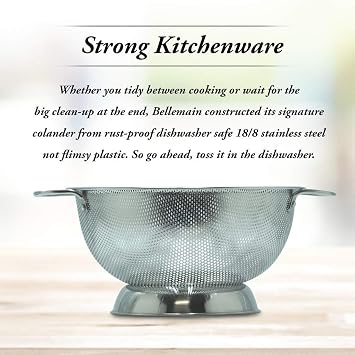Bellemain 3 Qt Metal Colander with Handle | Pasta, Spaghetti, Berry, Fruit, Vegetable, Kitchen Food Strainer Basket | Premium Stainless Steel Colander Bowl | Pot Drainer for Cooking, Sifter Strainer