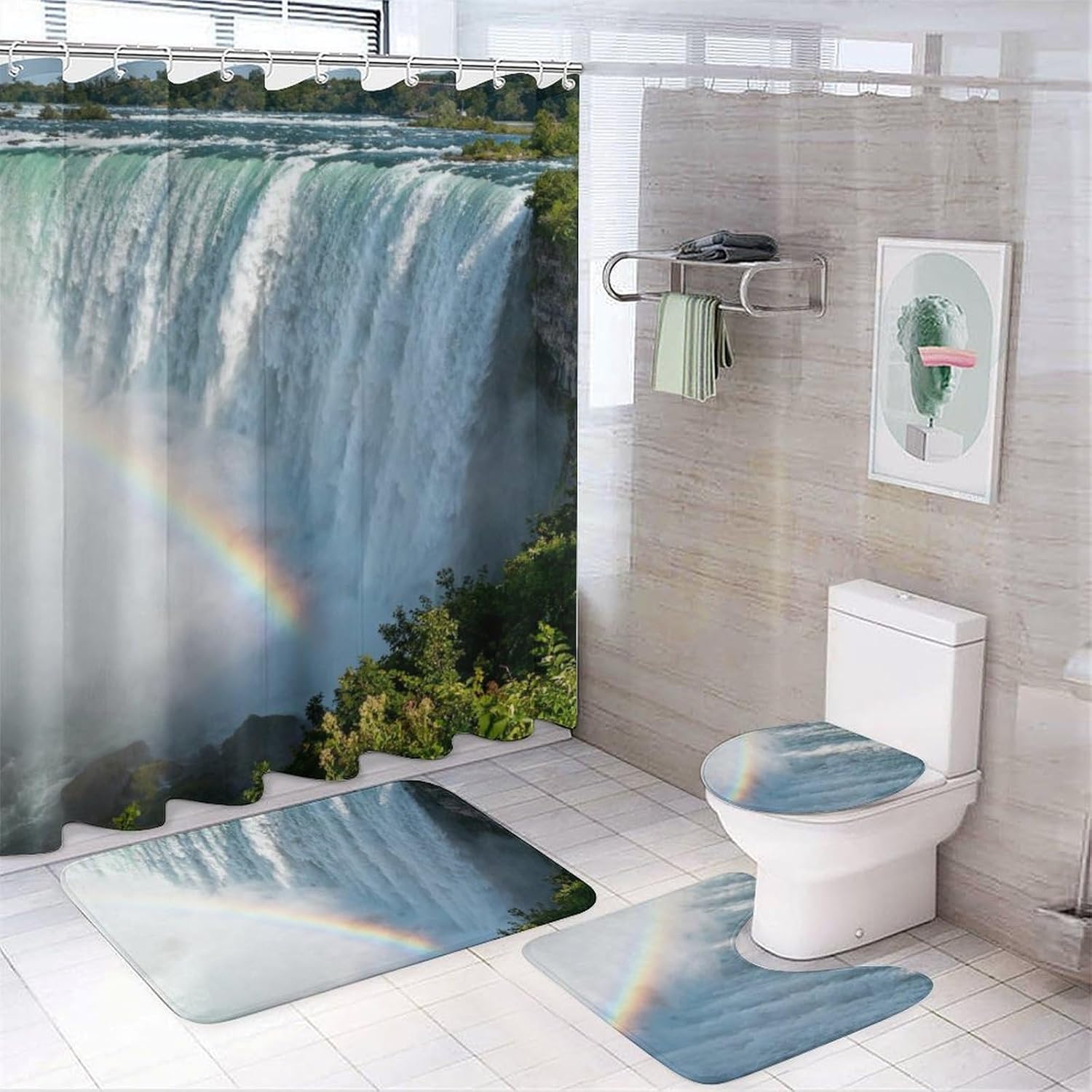 4 Piece Bathroom Rug Set with Shower Curtain, Non-Slip Bath Mat Toilet Cover Set, Niagara Falls Bathroom Rug Sets