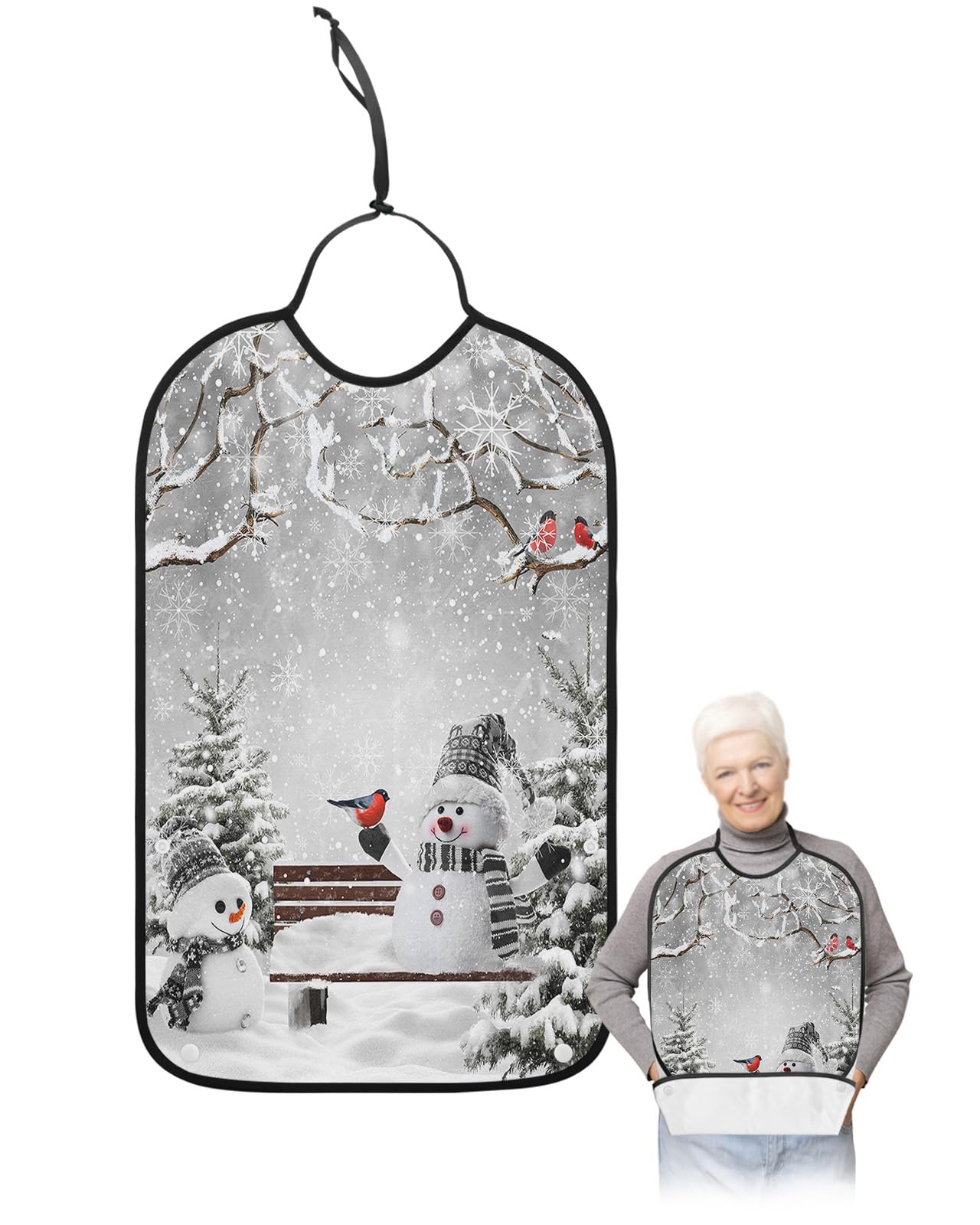 LEOKOTI Grey Snowman Christmas Adult Bibs for Eating, Waterproof Bibs with Food Catcher & Adjustable Snap Closure, Xmas Winter Snowflake Tree Birds Washable Clothing Protectors Adult Bibs for Elderly