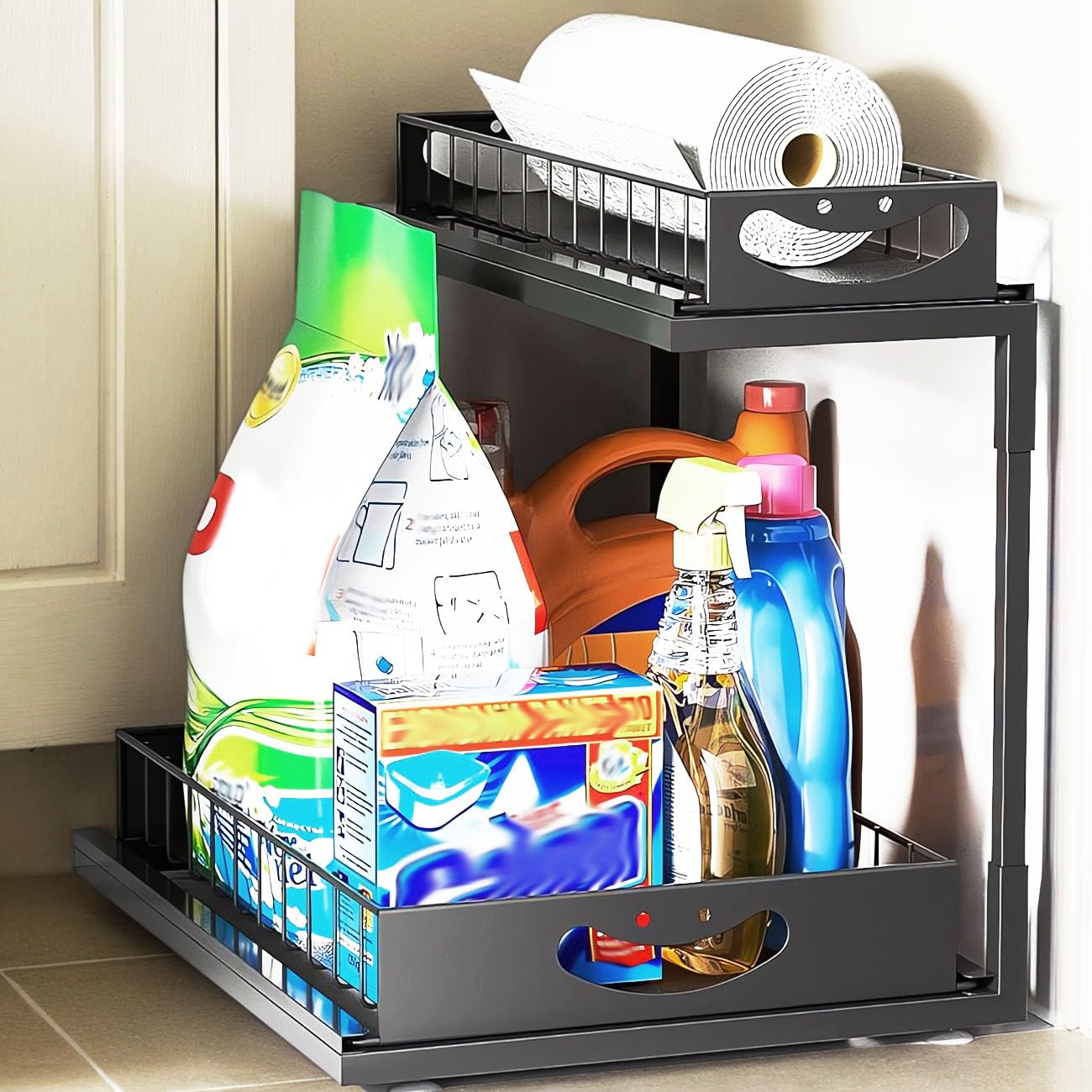 Under Sink Organizer, 1 Pack Cabinet Organizer with 2 Tier Pull Out Sliding Drawer for Kitchen Bathroom Under Desk Storage Space Saving, Heavy Duty Metal Shelf Rack for Home Organization Essentials