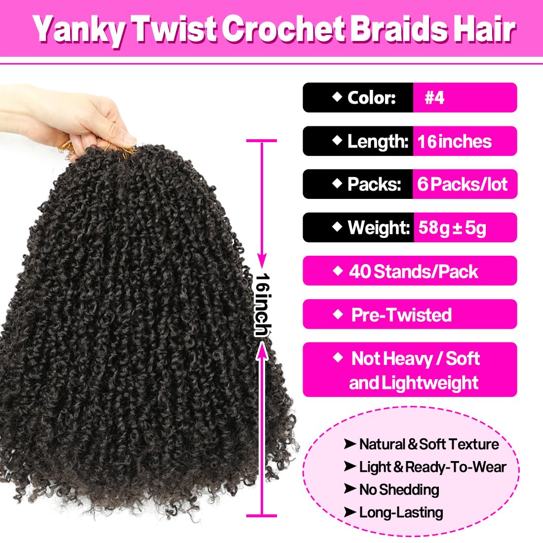 Youngther Yanky twist crochet hair 16inch Pre-Twisted Spring Twist with curly crochet hair for black women crochet braids pre looped Synthetic hair extension（16inch #4 6PCS）