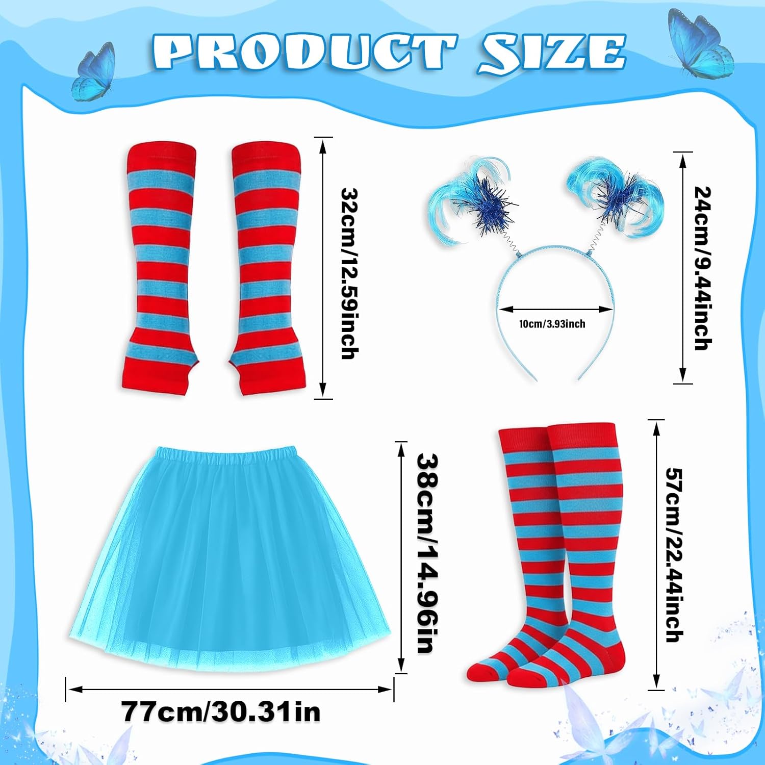 5 Pcs Tulle Tutu Costume Accessories Set Women T Shirt/Striped Socks/Tutu Skirt/Blue Headband/Stretchy Gloves - Image 3